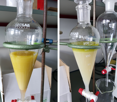 links: Lampant-Öl vor der Behandlung - rechts: ausgewaschene Lamptansubstanz
