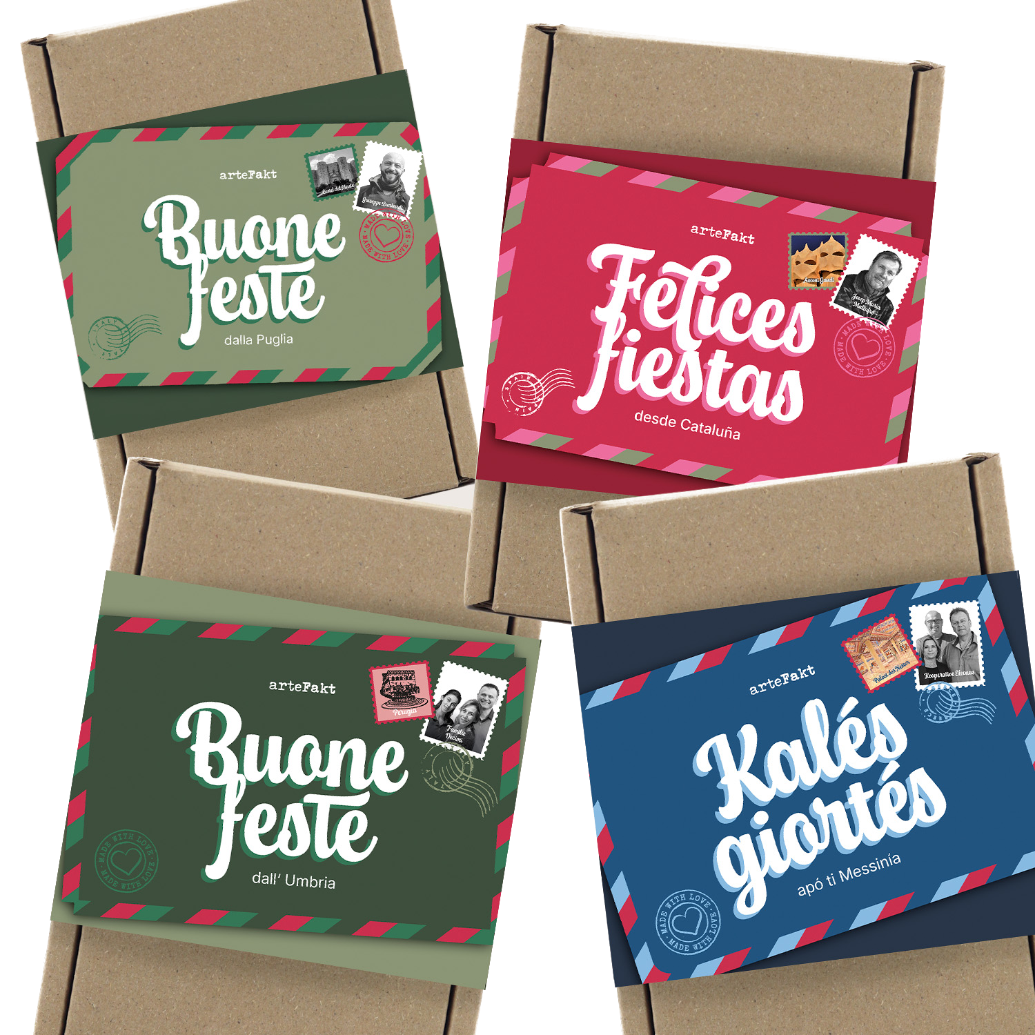 Das vollständige Adventsboxen-Set mit Boxen aus Apulien, Katalonien, Umbrien und Messenien