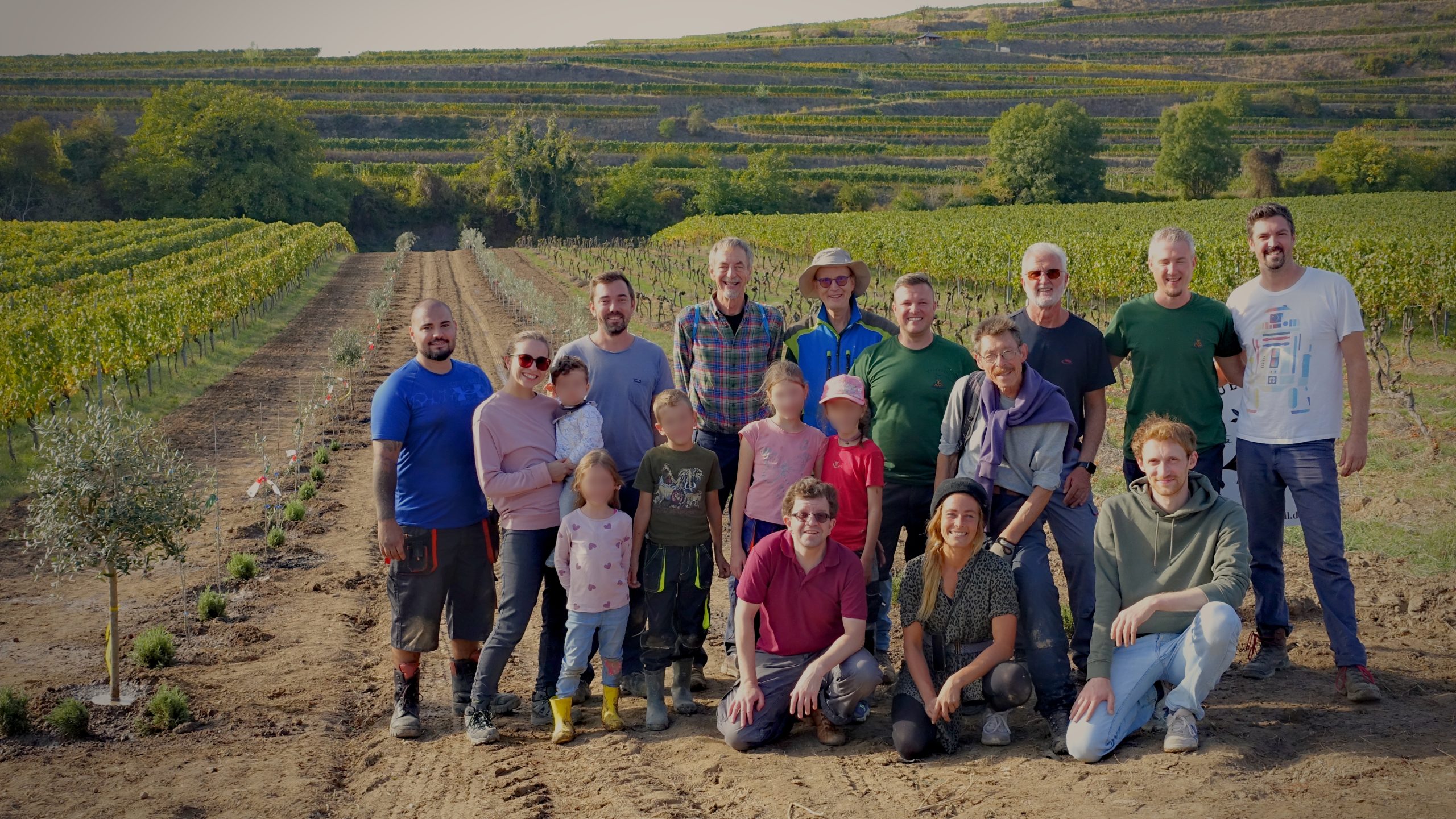 Gruppenfoto der Helfenden zwischen neu gepflanzten Olivenbäumen und Weinreben; Kindergesichter sind unkenntlich gemacht.